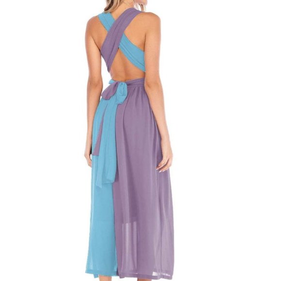 NWT Lilac/Sky Wrap Open Back  Chiffon Maxi Dress. - Picture 3 of 4
